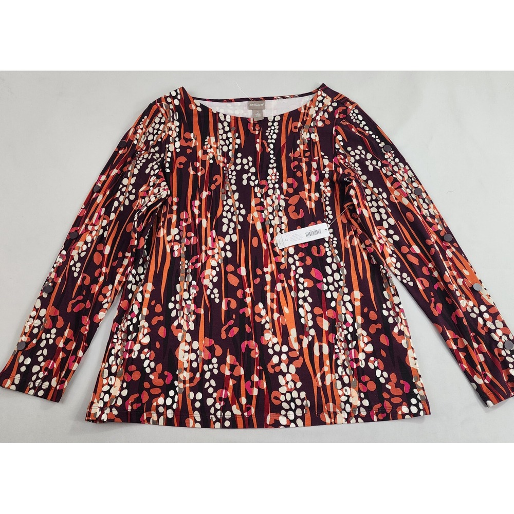Chico's tunic top womens sz 2 red desert jungle button detailed slv stretch $59